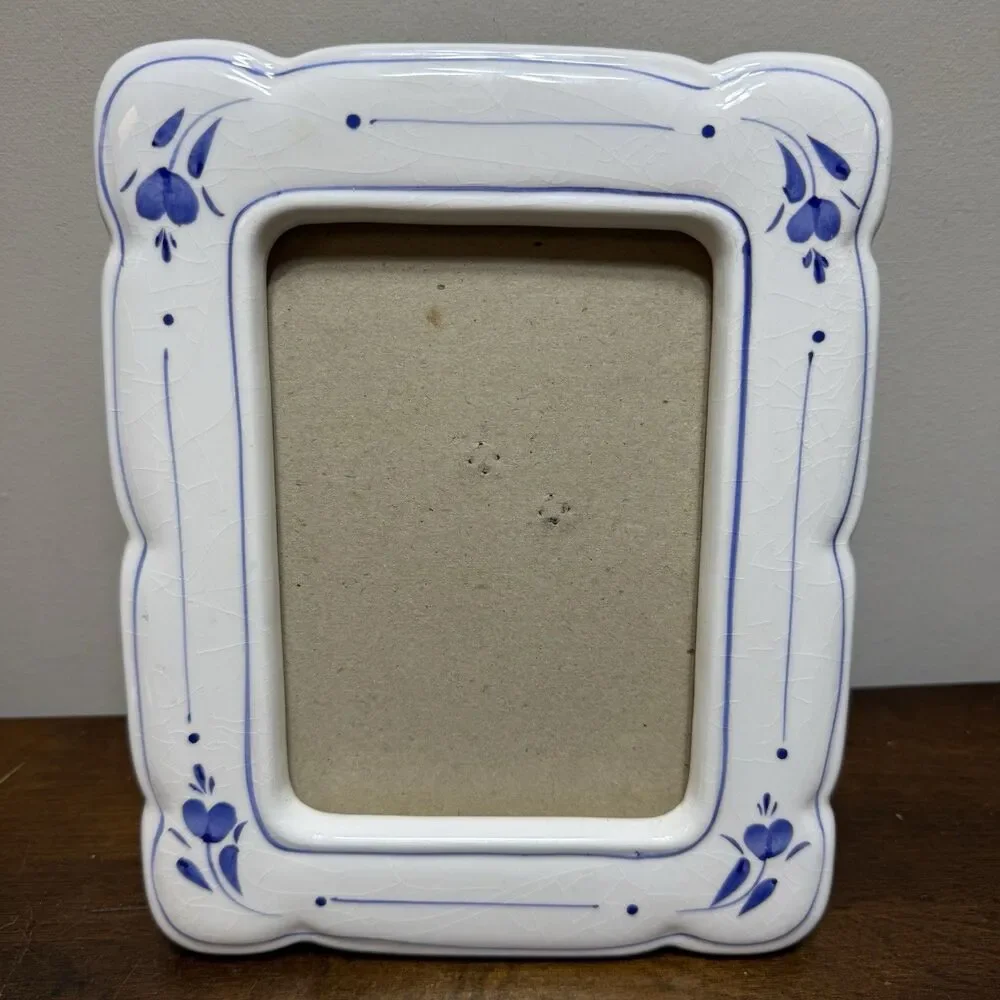 Vintage Blue White Floral Ceramic Freestanding Photo Frame 5x7 Some Crazing